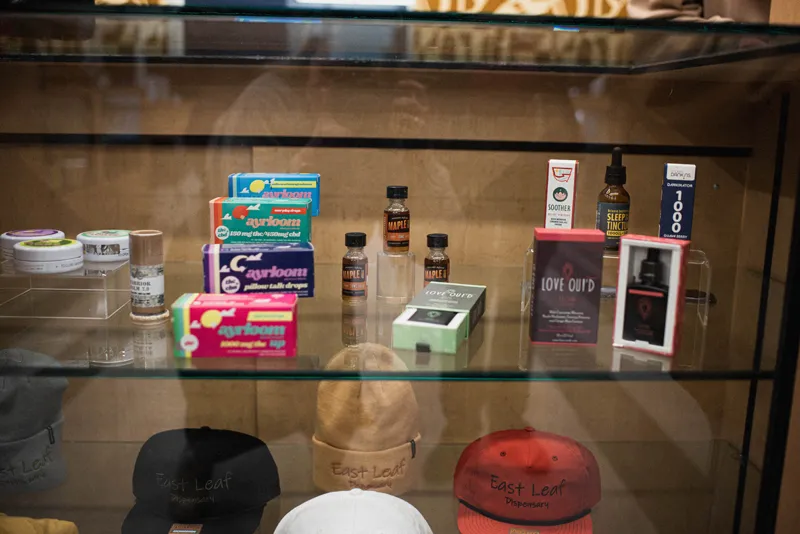 East Leaf product case and merch